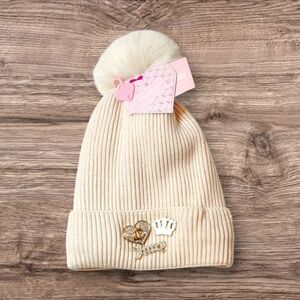 Juicy Couture Beige Charm Faux Fur Pom-Pom Beanie